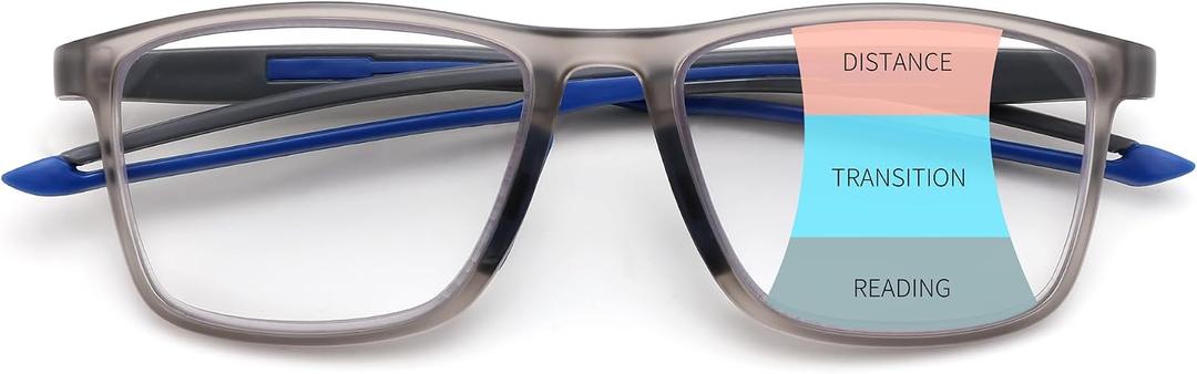 FEISEDY Progressive Multifocal Reading Glasses for Women Men Blue Light Blocking Near-Far Dual Use Sports Square Frame B0397 Grey, 2.0x