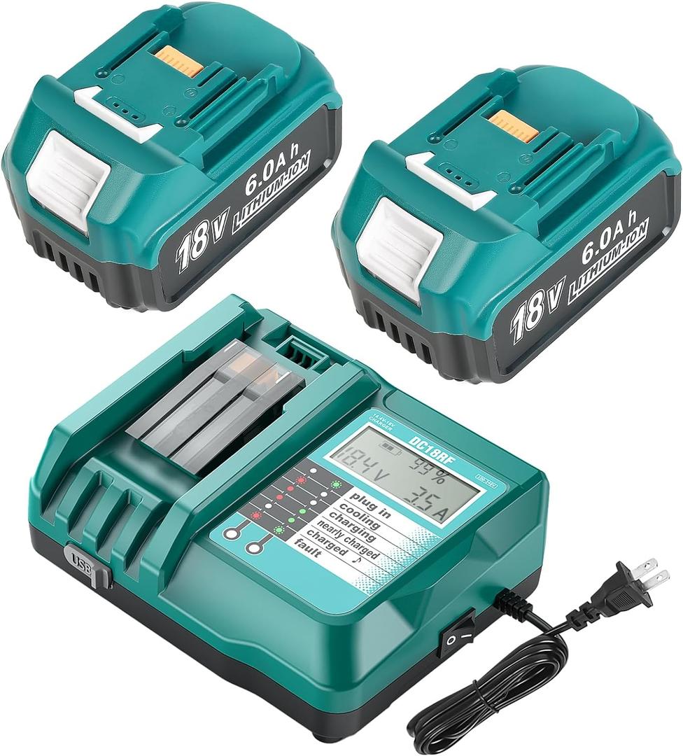 BL1860 18V 6.0Ah Battery and Charger for Makita,New Version DC18RC Charger with LCD Display Cooling Fan Compatible with Makita LXT Li-ion Battery BL1850 BL1840 BL1830 BL1820 BL1815 (Blue)