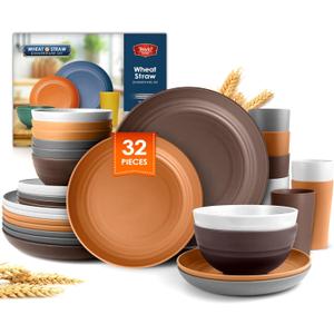 Teivio 32-Piece Kitchen Plastic Wheat Straw Dinnerware Set, Service for 8, Unbreakable Dinner Plate/Dessert Plate/Cereal Bowl/Cup,Outdoor Camping Dishes for Life/Vintage,Farmhouse,Rustic Multicolor