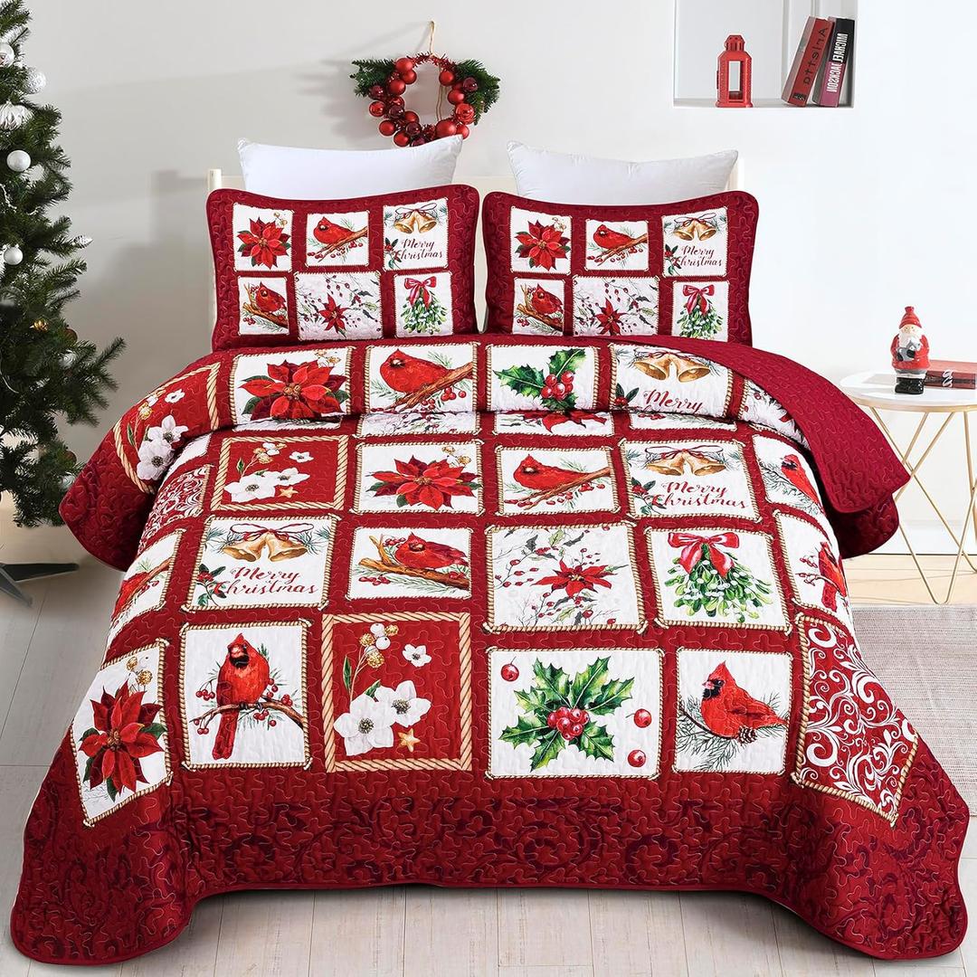 Christmas Quilt Set King Size 3 Pieces Christmas Patchwork Floral Wreaths Cardinals Red Berries Holiday Bedding Sets Red Vanilla Grid Coverlet Bedspread Coverlet with 2 Pillowcases for All Season