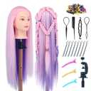 Mannequin Head with Hair, 29'' Doll Head for Hair Styling Training Head Manikin Practice Cosmetology Doll Head Styling Hairdressing Training Braiding Heads with Clamp Holder (Pink Purple)