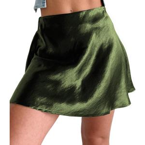 Womens Satin Mini Skirt Elastic Waist A Line Silk Mini Short Skirts for Women (Green, XL)
