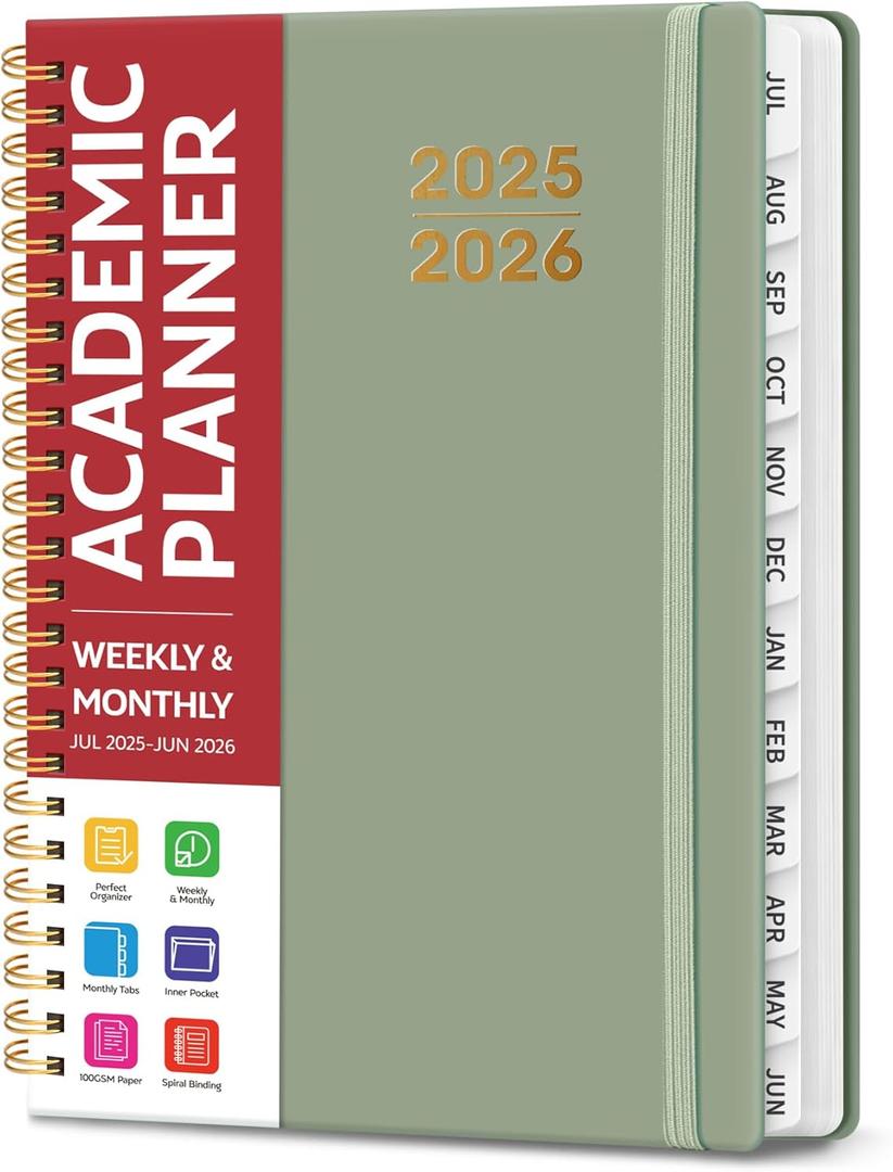 Academic Planner 2025-2026 For Women & Men, Monthly and Weekly Calendar Planner, Jul 2025 - Jun 2026, A5 (6.3" x 8.5"), Teacher Student Planning Book with Tabs, Ideal for Office School Supplies - Green