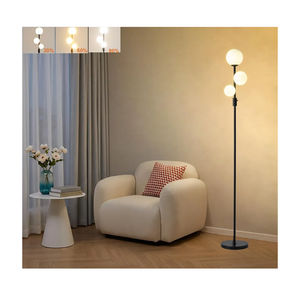 Fiqevs Upgraded Dimmable 3 Globe Mid Century Modern Floor Lamp, 3 x 3000K Warm Light LED Bulbs Included, Matt Black Standing Lamp with Sphere Glass Shade, Vintage Tall Lamp for Living Room, Bedroom
