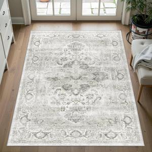 3x5 Rug with Non Slip Backing - Stain Resistant Washable Rugs for Living Room?Bedroom & Dining Room?Vintage Printed Home Decor Area Rug (Ivory/Gray,3'x5')