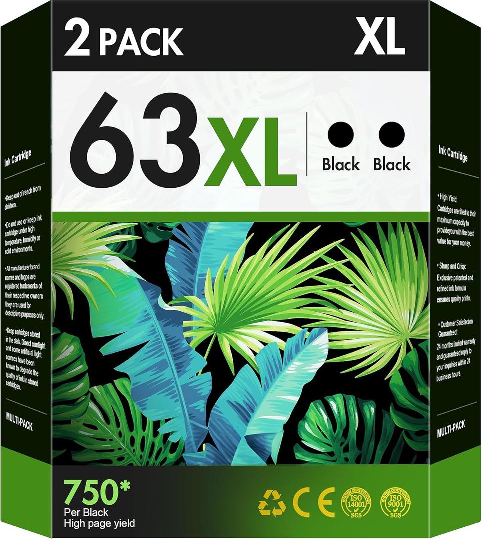 63XL Black Ink Cartridge Replacement for HP Ink 63 for HP 63XL Works with HP OfficeJet 3830 4650 5255 5258 4655 4652 3833 Envy 4520 4512 DeskJet 1112 3630 Printer (2 Black)