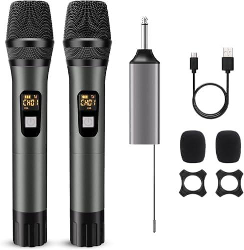 Wireless Microphone, Handheld UHF Dual Metal Cordless Dynamic Mic System with Rechargeable Receiver,200ft Range,for Karaoke, Speech, Party, Wedding, Church,Singing Machine-Auto Connect