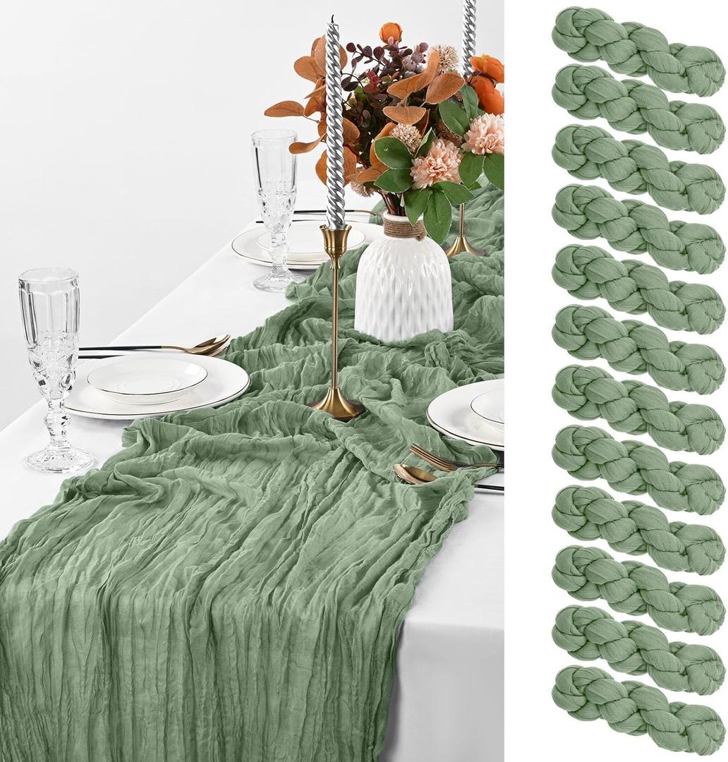 12 Pack Sage Green Table Runner, 10FT Cheesecloth Table Runner Long Romantic Semi Sheer Rustic Boho Gauze Table Runners for Wedding Bridal Shower Birthday Party Decorations(21.5×120 Inch)