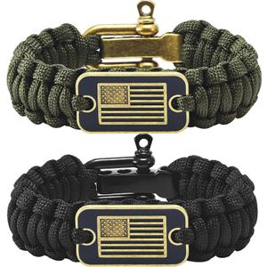 Paracord Bracelets with Bronze USA Flag - Gifts for Military Veterans with Tactical Survival Bracelet - Pulseras Para Hombres - Bracelets for Men (M(8.2-9.2in), Black,Green)
