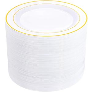 BUCLA 100Pieces Gold Plastic Dinner Plates - 10.25inch White and Gold Plates Disposable for Party - Ideal for Wedding, Party & Daily Use