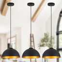 12" Industrial Black Gold Pendant Lights Vintage Dome Pendant Light Fixtures with Golden Finish Rustic Farmhouse Black Pendant Lights for Kitchen Island, Dining Room, Bedroom