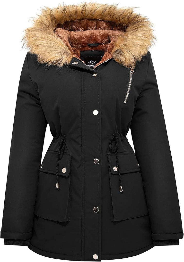 FARVALUE Womens Water-repellent Winter Coat Thicken Puffer Jacket Warm FLeece Lined Parka with Fur Hood (Large, Black)