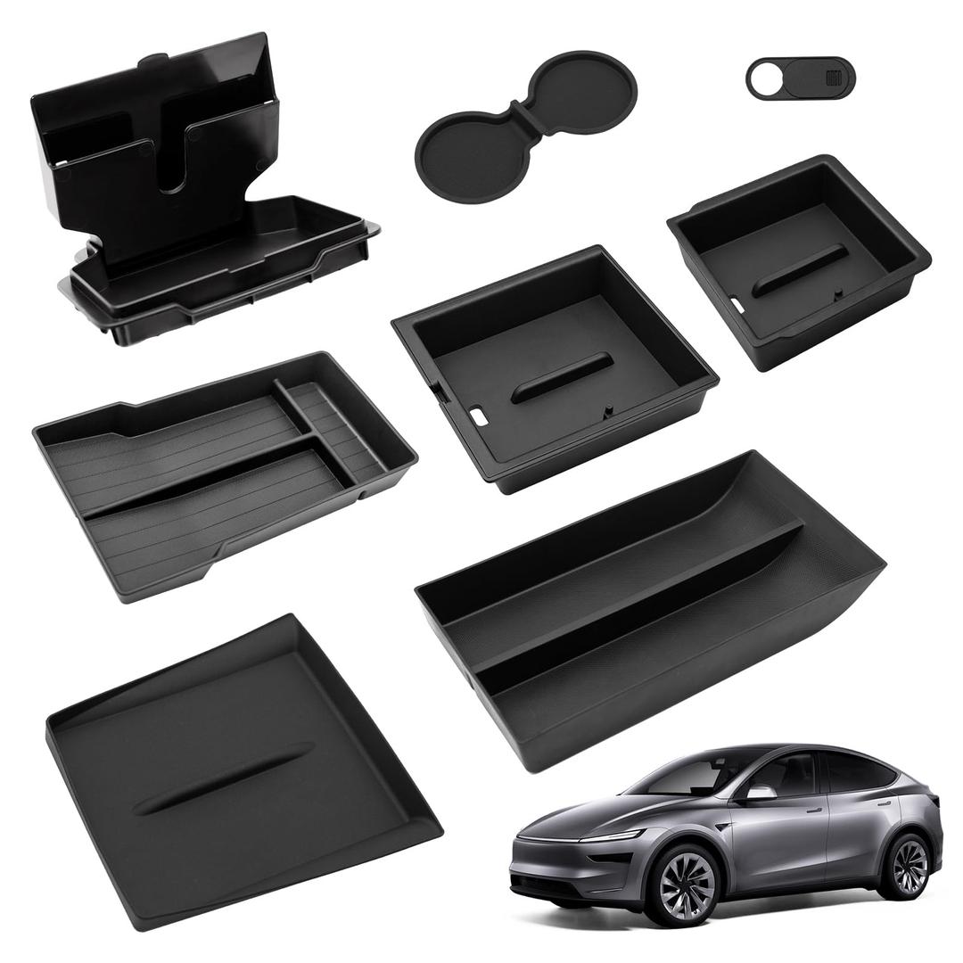 8PCS Center Console Organizer Tray for 2025 2026 Tesla Model Y Juniper Accessories, Under Seat Storage Armrest Hidden Storage Box Cup Holder Charger Pad for Tesla Model Y Juniper