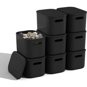 8 Pack Black Storage Bins with Lids for Shelves, Plastic Storage Containers with Lids for Organizing, Stackable Storage Boxes with Handle, Black Storage Bins for Classroom, Craft, Snacks