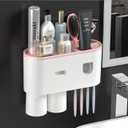 Toothbrush Holder for Bathroom 2 Cup Wall Mounted with Automatic Toothpaste Dispenser Large Capacity Tray, Cosmetic Drawer Bathroom Decor & Bathroom Accessories and Organization (2 Cup Pink)