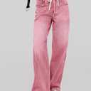 Cicy Bell Womens Wide Leg Jeans Drawstring High Waisted Baggy Straight Leg Jeans Trendy Boyfriends Denim Pants with Pockets Pink (Pink)