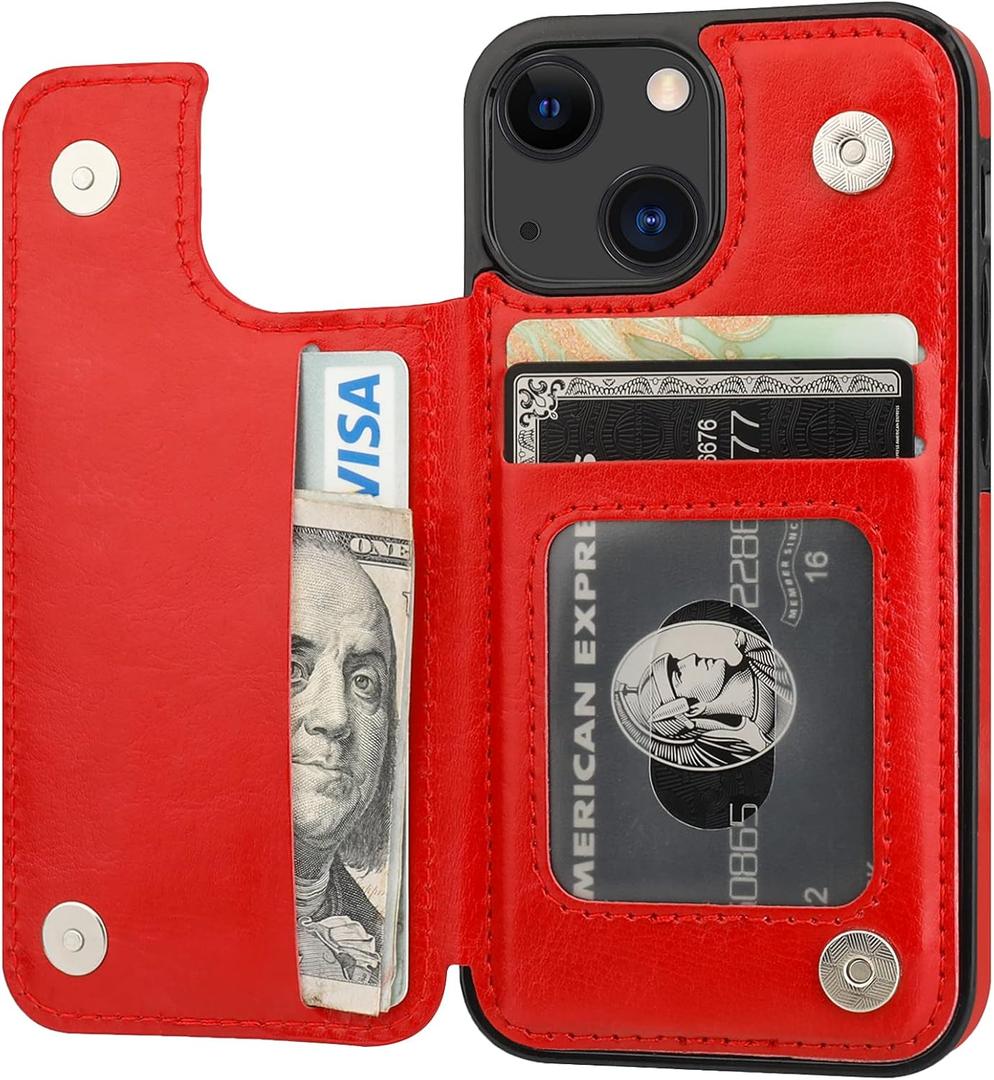 ONETOP Compatible with iPhone 13 Mini Wallet Case with Card Holder, PU Leather Kickstand Card Slots Case, Double Magnetic Clasp and Durable Shockproof Cover 5.4 Inch(Red)