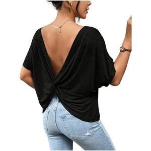 Women's Backless Twist Knot T Shirt Oversized Solid Short Sleeve Tees Open Back Asymmetrical Hem Casual Tops (X-Large, Black)