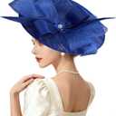 Kgromfy Women's Wide Brim Fascinator Hat Tea Party Headband Large Vintage Church Hat Lady Headwear for Derby Wedding Cocktail Royal Blue