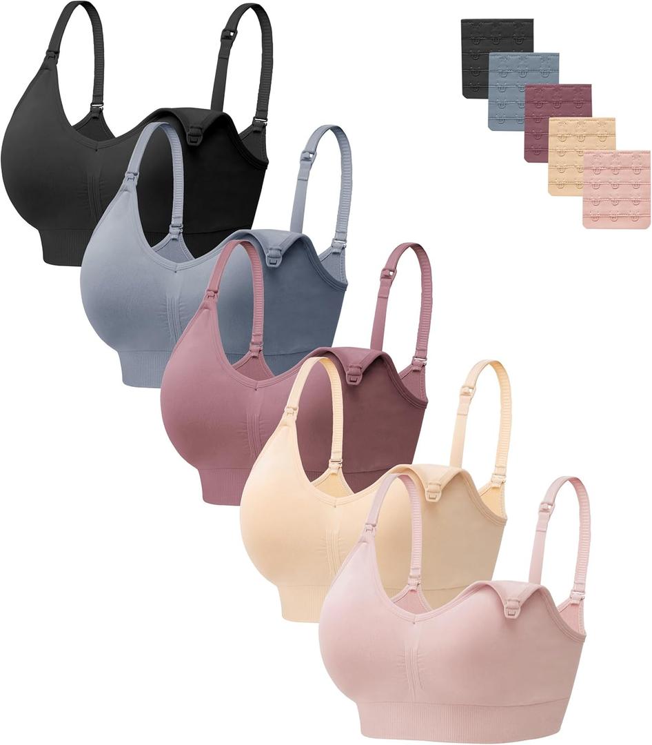 HBselect Women Maternity Bras 5 Pack Nursing Bras for Breastfeeding Seamless Pregnancy Sleep Bralette with Extra Extenders (Large, 5pack(black/Nude/Pink/Dusty Blue/Dusty) Pink)
