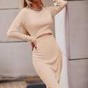 PRETTYGARDEN Women's Long Sleeve Midi Bodycon Dresses Casual Crewneck Cut Out Ribbed Knit Fitted Pencil Dress (X-Large, Apricot)