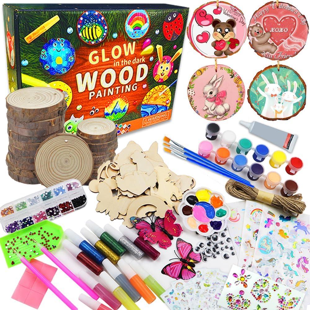 Quimoy 24 Pcs Wooden Painting Kit-Glow in The Dark, Arts & Crafts Gifts for Boys Girls Ages 5-12-Craft Activities Kits, Painting Kits for Kids Ages 4-8, 8-12 Year Old Kids