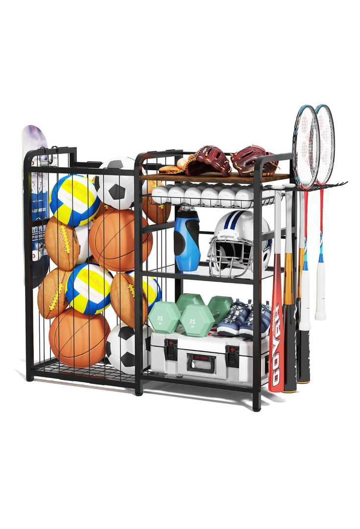 Garage Sports Equipment Organizer, Ball Storage for Gear and Toys, Large Capacity, Sports Organizer for Garage with Hooks and Baskets, for golf, Football, Soccer Ball, Bat