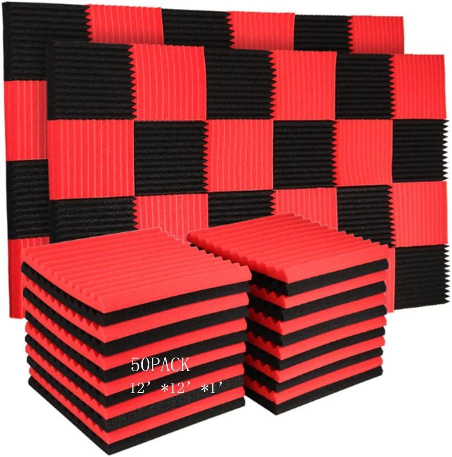50 Pack Acoustic Panels Soundproof Studio Foam for Walls Sound Absorbing Panels Sound Insulation Panels Wedge for Home Studio Ceiling, 1" X 12" X 12" (Black&Red)