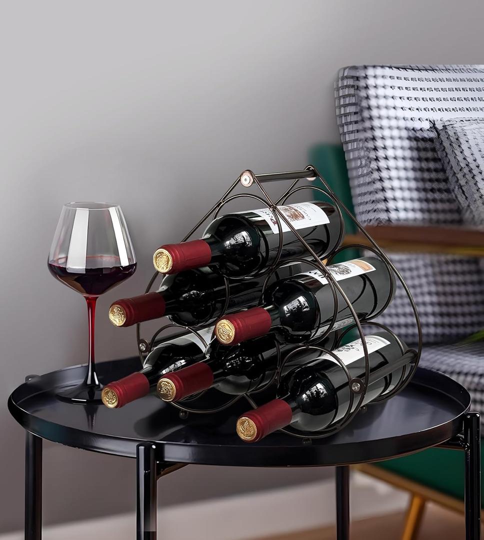 Heart Shape Countertop Wine Rack, 6 Bottles Freestanding Small Metal Wine Holder, Modern Tabletop Wine Storage Stand for Cabinet, Pantry (Black)