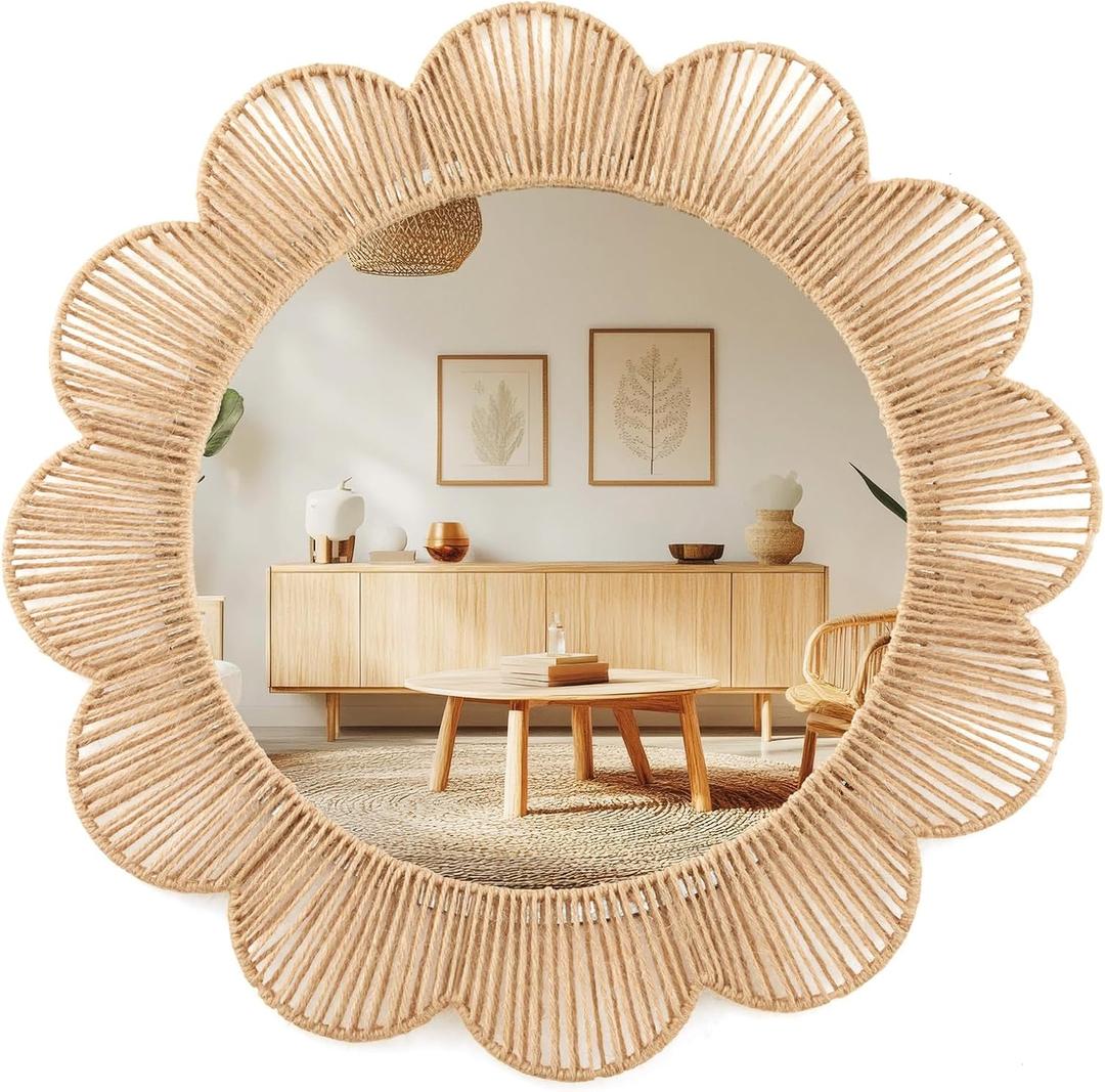 Sintuff Boho Scalloped Wall Mirror Decorative Flower Round Wavy Mirror with Frame Rustic Farmhouse Rattan Wicker Natural Wall Decor for Bathroom Bedroom Office (Jute,24 Inch,Scalloped)