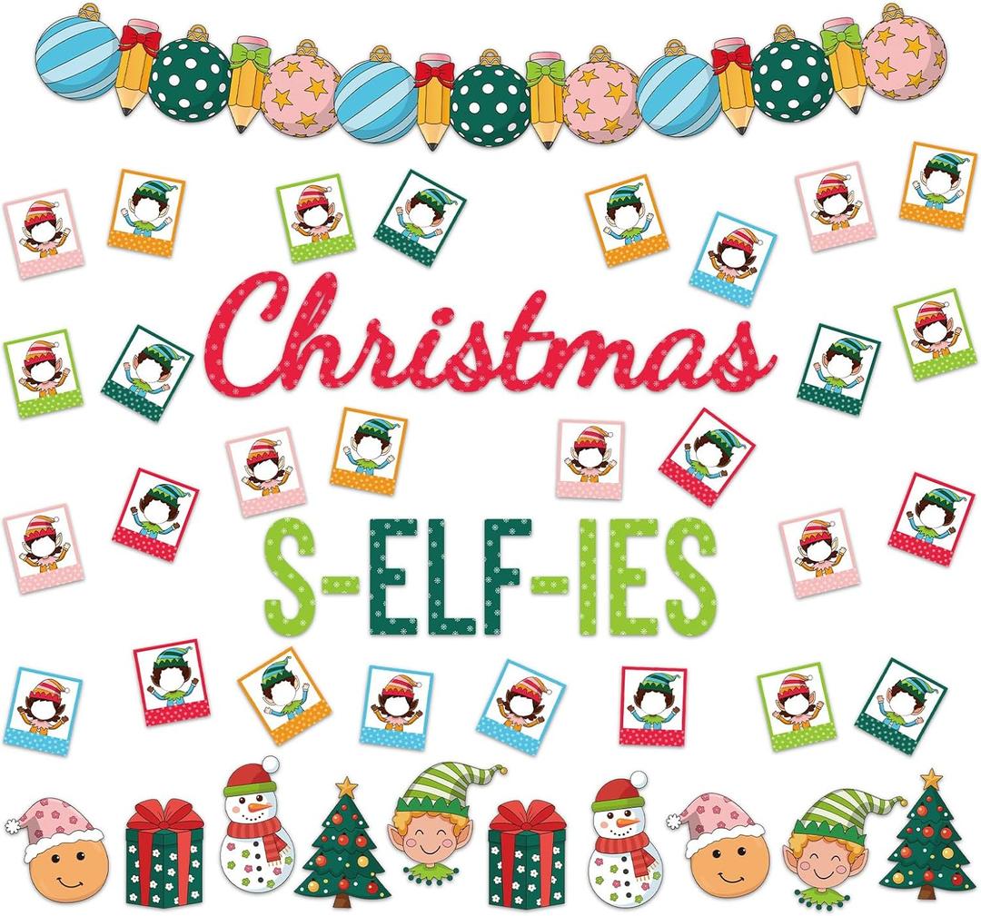 Faccito 99 Pcs Christmas Bulletin Board Cutouts Decorations Selfies Vintage Large Cut Outs and Glue Points with Student Photos for Xmas Party Classroom Church Home Decor