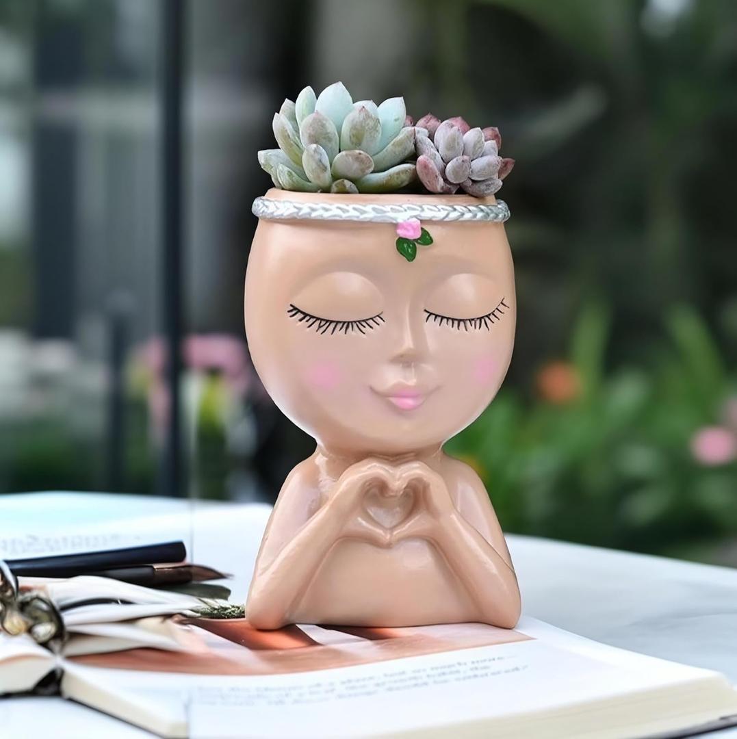 Yoohspoe GAFBA Face Planter Cute Resin Cactus Spring Desk Decor for Indoor and Outdoor Plants Face Vase Home Office Decor Succulent Pots Easter Gift for Women Friends Family (Brown-Genie)