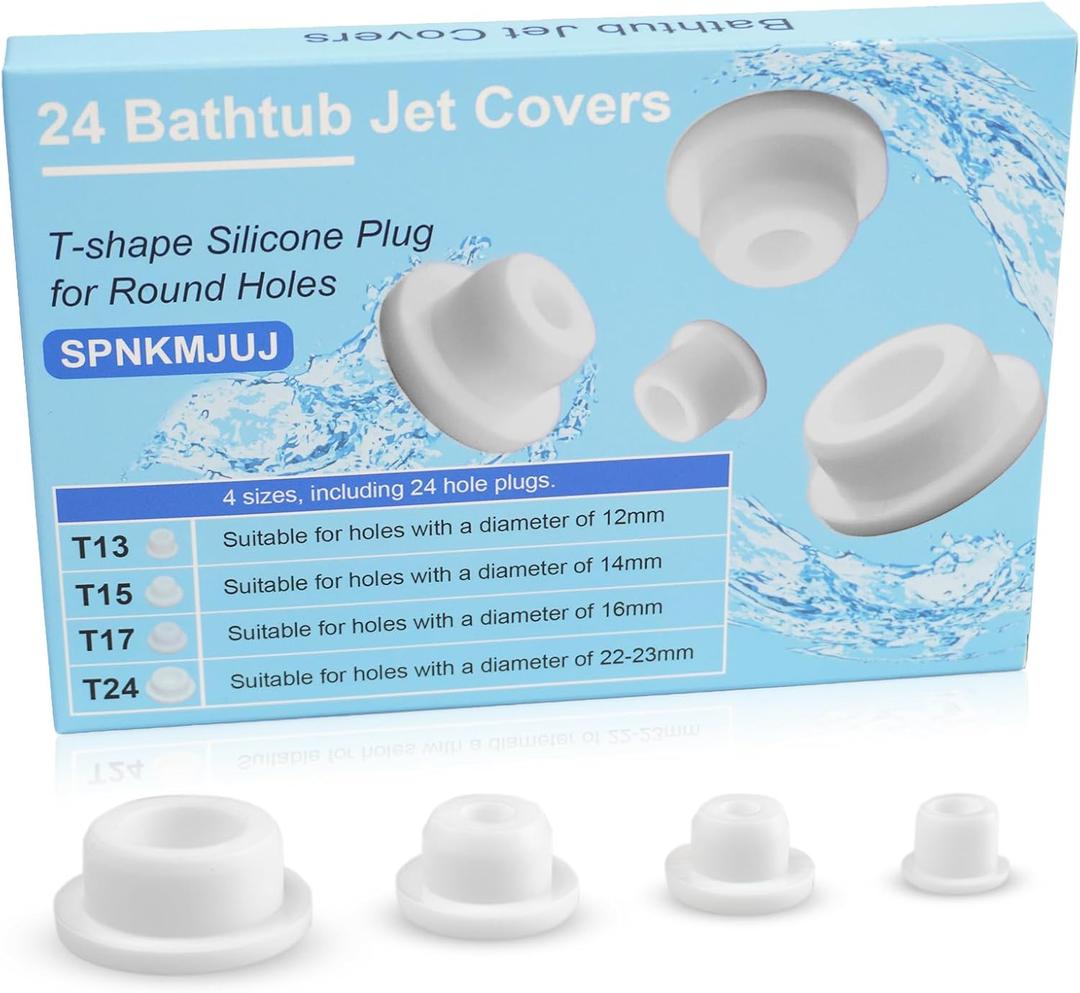 24 PCS Bathtub Jet Covers Silicone Hole Plug White Tube Plugs 4 Sizes Waterproof Bathtub Plug Fit for 12mm 14mm 16mm 22-23mm Bathtub Hole