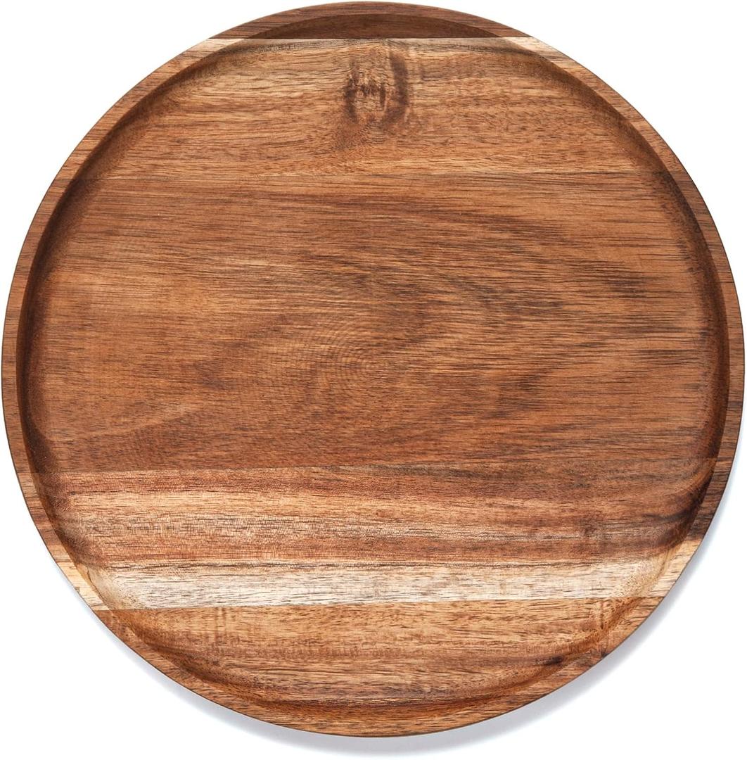 YANGQIHOME Round Wood Tray, Acacia Wooden Serving Tray, Serving Platter, Appetizer Charcuterie Board, Tray Organizer for Kitchen/Countertop, 13.8 x 13.8 x 0.8 inch