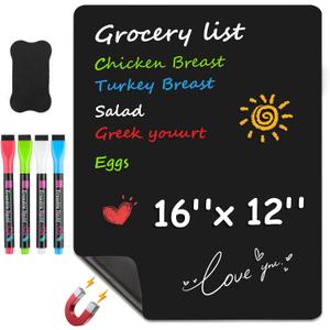 MaxGear Magnetic Black Dry Erase Board Sheet for Refrigerator, 16"x12" Fridge Magnetic Whiteboard for Kitchen, Fridge Shopping List for Family Planner and Grocery List, 4 Chalk Markers