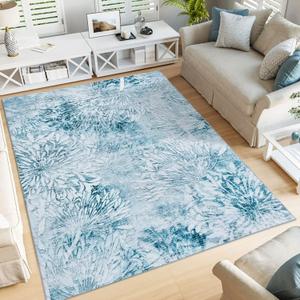 DECOMALL Jasmine Machine Washable Area Rugs, Modern Floral Rug, Foldable Carpet for Living Room Bedroom Dinning Room,3' 6" x 5' 6", Blue/White