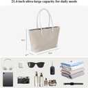 Linen Tote Bag for Women, Large Capacity Beach Bag with PU Leather Trim for Travel Work Shopping (White)