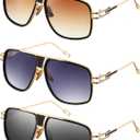 Frienda 3 Pairs Retro Sunglasses for Men Oversized Men Shades Glasses Fashion Alloy Metal Gold Frame Polarized Sun Glasses