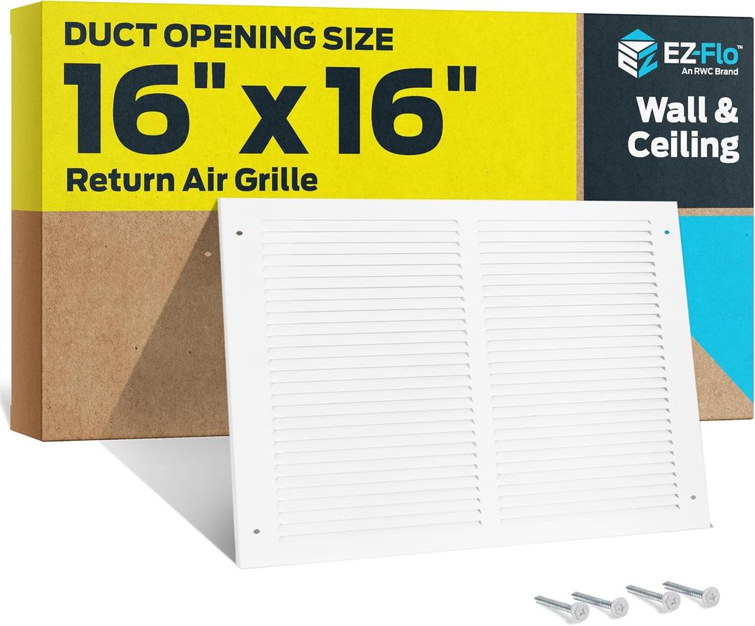 EZ-FLO 16 x 16 Inch (Duct Opening) Return Air Vent Cover for Wall or Ceiling, Solid Steel Return Air Grille, HVAC Vent Cover, White, 61641