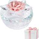 Crystal Jewelry Box for Women, Small Glass Trinket Jar with Lid, Clear Lotus Flower Storage Holder Elegant Organizer Dish for Ring, Earrings, Necklace, Gift (Pink Flower)