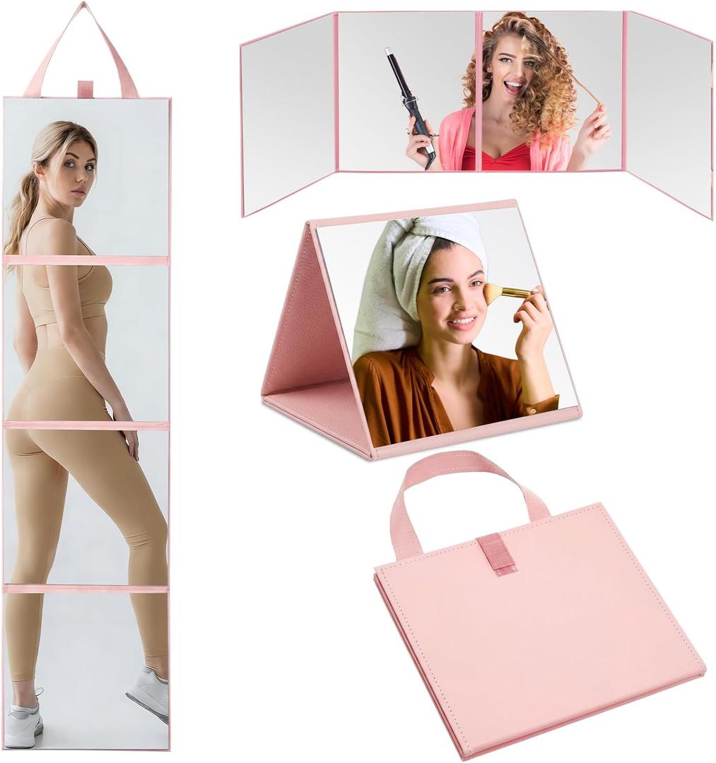 3 Way Foldable Full Length Mirror with Handle 31.89 x 11.22 Inches Leather Portable Camping Travel Hanging Folding Body Mirror for Makeup Dance Fitness Spa Hair Styling(Pink, Classic)
