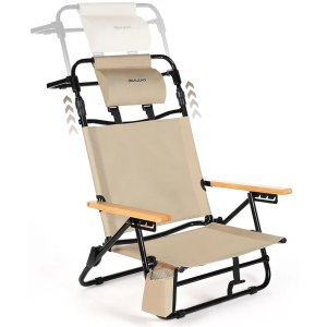 REALEAD Beach Chairs for Adults with Extendable High Back, 4-Position Reclining Beach Chair with Headrest, Cooler Pouch, Lay Flat Folding Beach Chairs Heavy Duty Support 330LBS