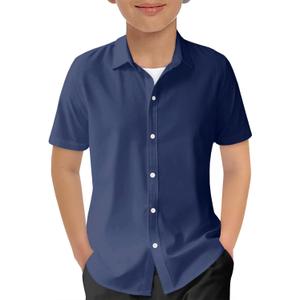 Haloumoning Boys Short Sleeve Dress Shirts Kids Summer School Uniform Button Down Shirt 160 (Navy Blue)