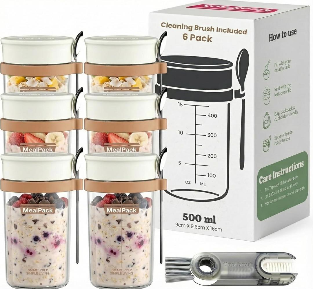 Overnight Oats Containers with Lids and Spoons (6 Pack) – 17oz Glass Jars for Yogurt, Chia Pudding & Meal Prep – Leakproof Airtight Mason Jar Set – Portable Breakfast Food Storage with Cleaning Brush