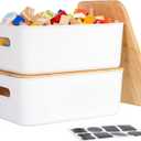 Citylife Storage Bins with Bamboo Lids 16QT Plastic Storage Containers Stackable Organizer Boxes with Handle for Desk Snacks, Toys, 2 PCS, 15" L x 10.6" W x5.8 H, Cream White
