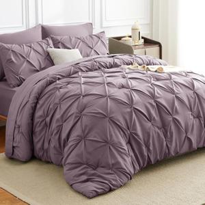 HIMEET Pintuck Bed in a Bag, 7 Pieces Full Size Comforter Set Dusty Purple, Pinch Pleat Bed in a Bag, Soft All Season Bedding Sets with Comforter, Flat Sheet, Fitted Sheet and Pillowcases & Shams