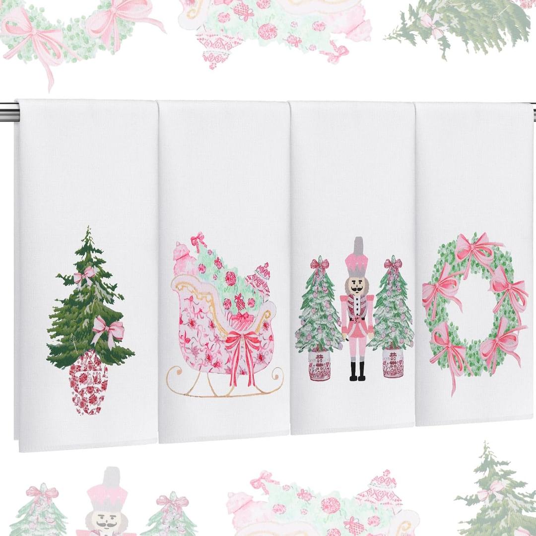 4 Pcs Chinoiserie Christmas Hand Towels for Kitchen Christmas Tree Wreath Nutcracker Sleigh Hand Towels Cute Soft Absorbent for Bathroom Kitchen Decor (Pink)