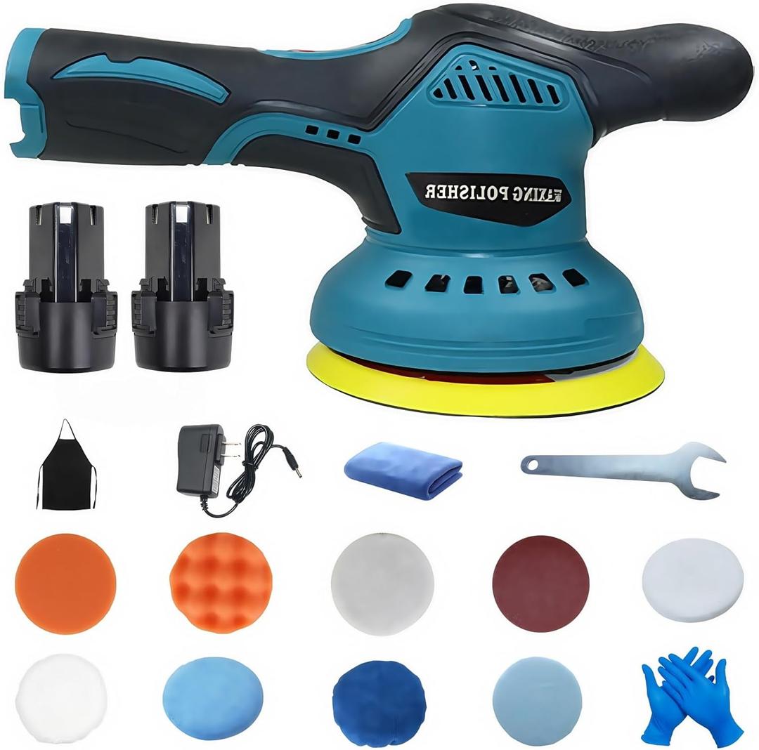 Cordless Car Buffer Polisher - 2pcs 1.5Ah 12V Lithium-ion Rechargeable Battery Powered Brushless Polisher, Car Buffer Waxer Kit, Car Polishing Machine with 6 Variable Speed, DA Orbital Buffer