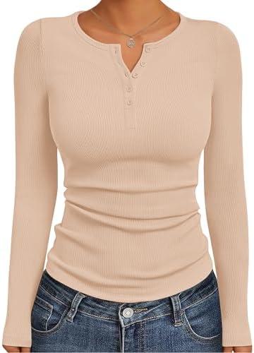 Ekouaer Women's Long Sleeve Henley Shirts Button Ribbed Knit Tops Basic Layering Slim Fit Soft Thermal Underwear Tops Medium