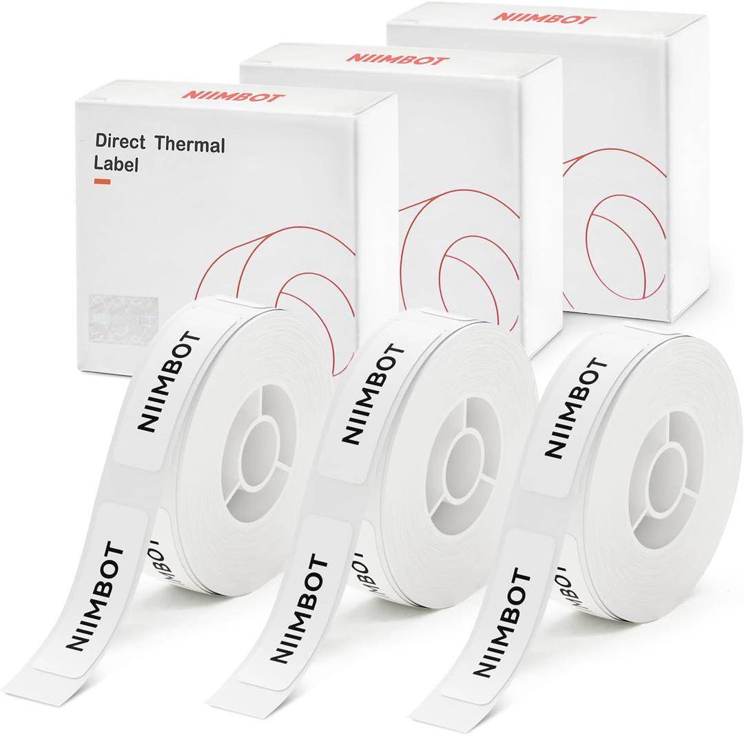 NIIMBOT Label Tape of Model D11/D110/D101 Printer, (3 Rolls, 0.47"×1.57"/12×40mm) Adapted Label Printing Paper, Office & Home Labeling Tape Replacement (White)